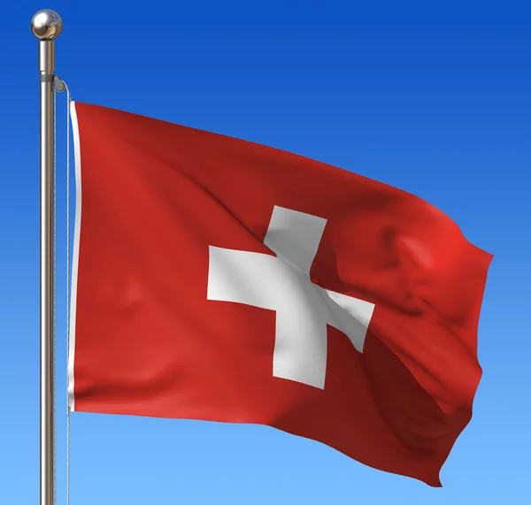 Flagga Schweiz mot blå himmel. — Stockfoto