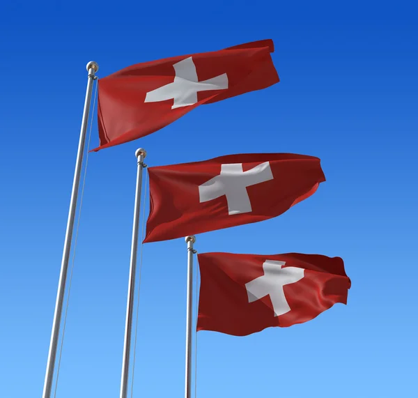 Flaggor i Schweiz mot blå himmel. 3D illustration. — Stockfoto