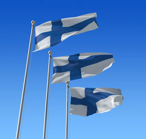 Flaggor i finland mot blå himmel. — Stockfoto