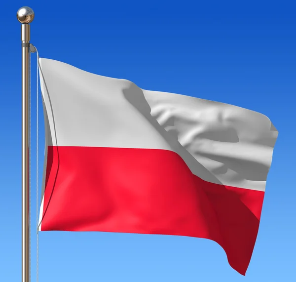 Vlajka Polsko proti modré obloze. — Stock fotografie
