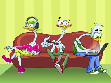 Three funny ostrich on the sofa. clipart