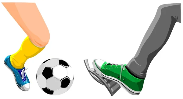 Fuß mit Fußball und Fuß drückt aufs Gas. — Stockfoto