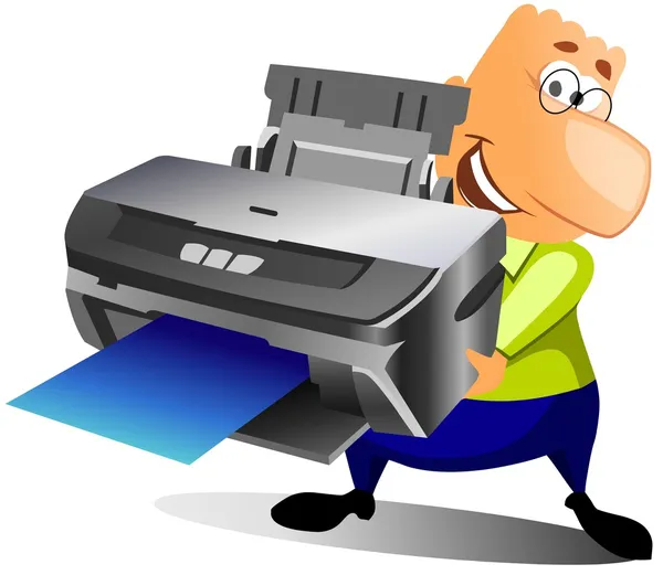 Счастливый человек с принтером — стоковое фото