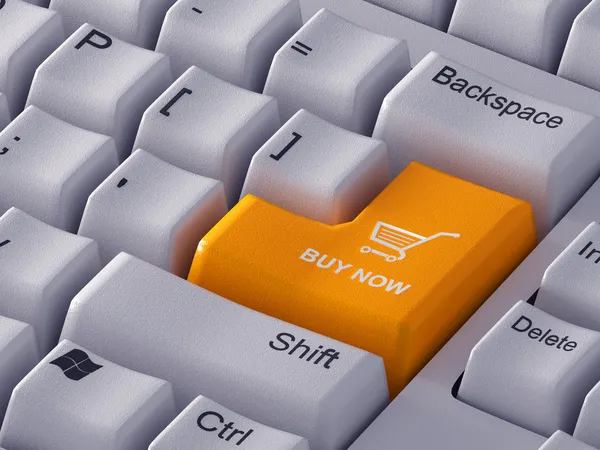 Оранжевая кнопка "Купить сейчас" с символом шопинга . — стоковое фото
