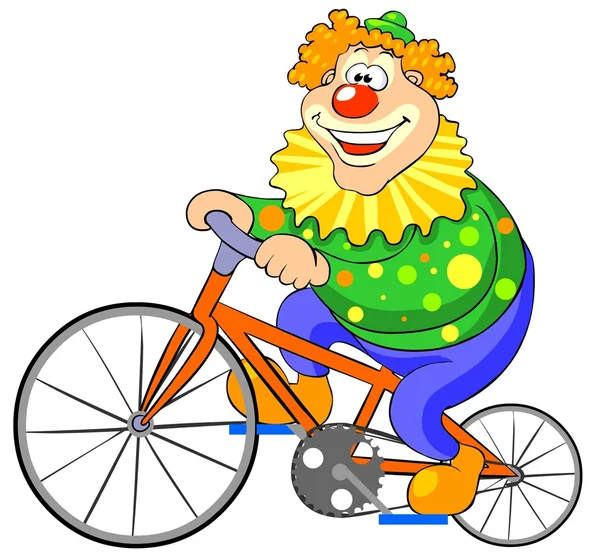 Gelukkig clown rijden op een fiets. — Stockvector