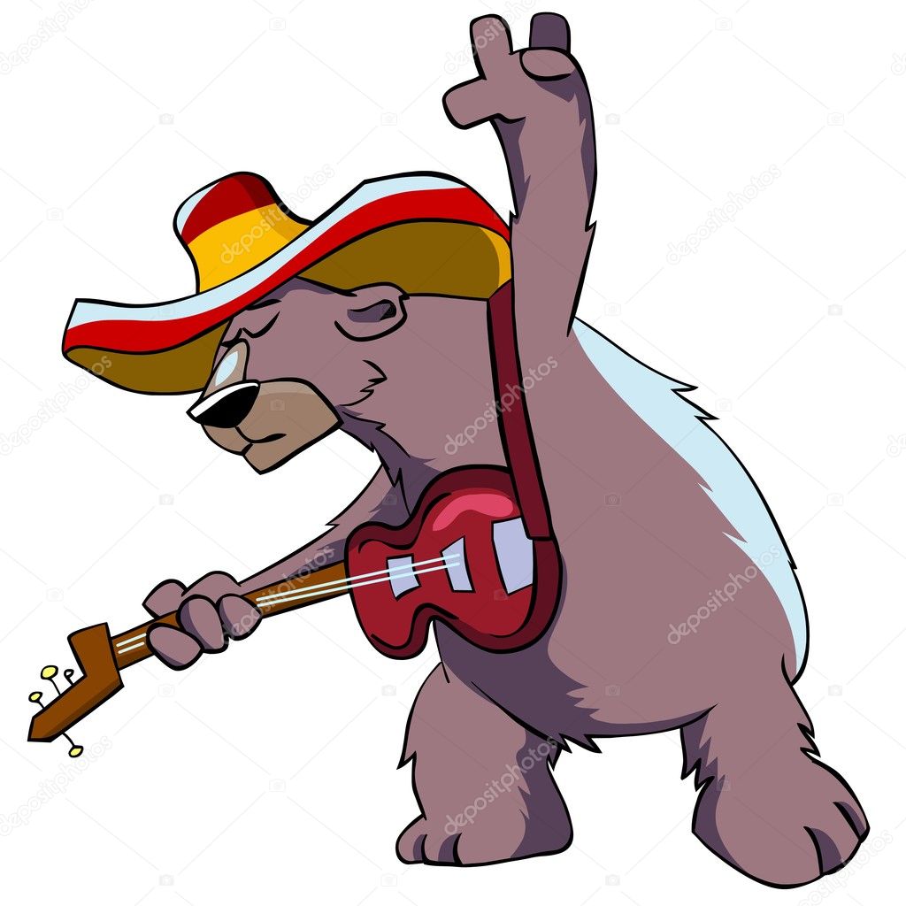 Bear in hat playing guitar.