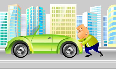 Businessman pushing a car clipart