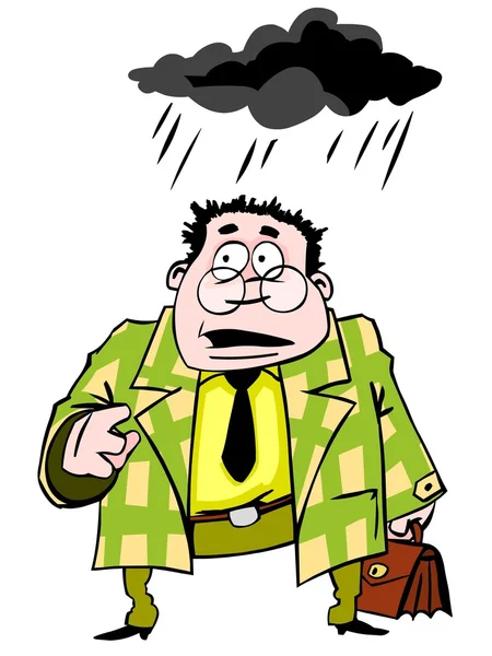 Funny businessman standing under a black cloud — Stock Photo, Image
