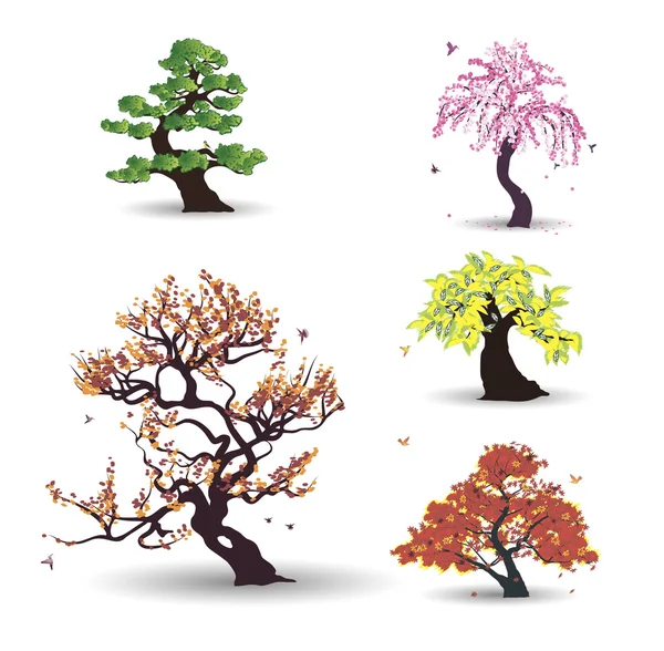 Fem vektor träd med fåglar — Stock vektor