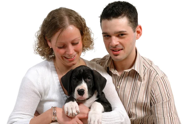若いカップルとの犬 — ストック写真