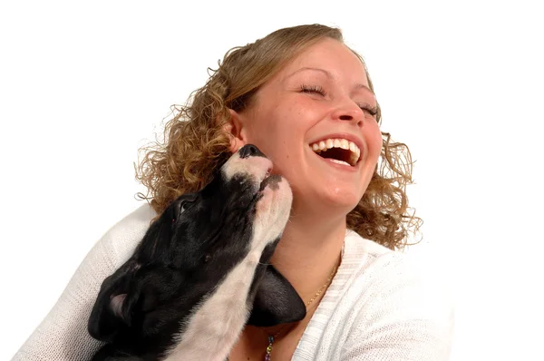 Щаслива жінка і собака — стокове фото