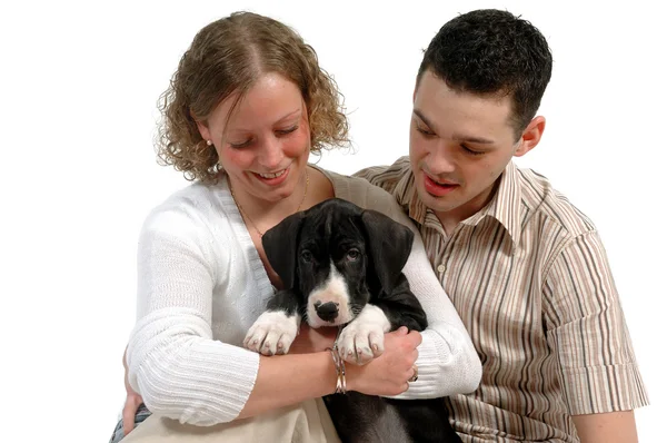若いカップルと子犬 — ストック写真