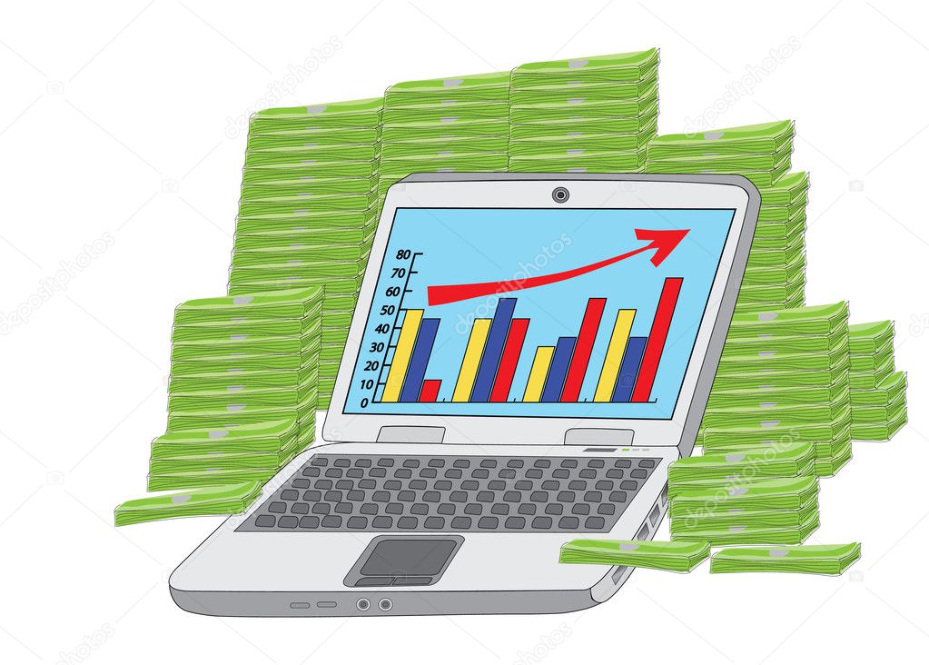 Huge income: laptop in front of heap of money
