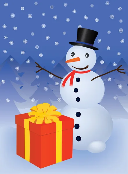 Hombre de nieve con caja de regalo — Vector de stock