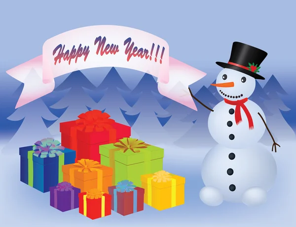 Muñeco de nieve cerca de un montón de regalos de año nuevo — Vector de stock