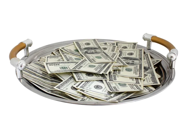 Tray with heap of dollars — Stock Photo, Image