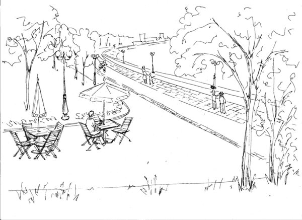 Black-and-white quay of the river with walking