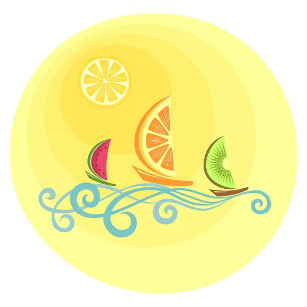 Fruitlike boten drijvend op de golven — Stockvector