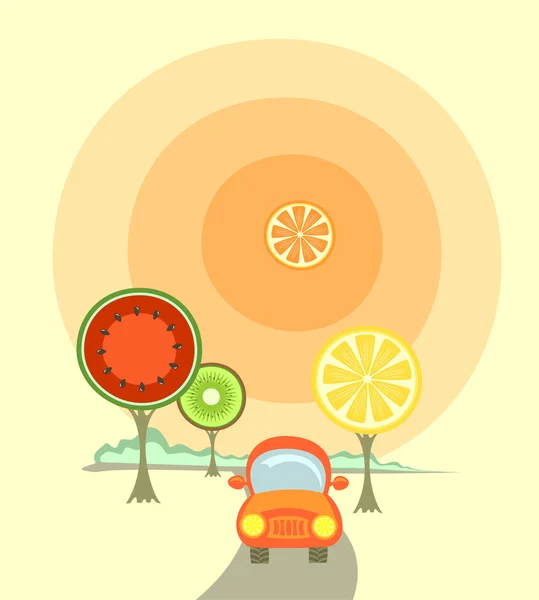 Een auto en fruit-achtige bomen — Stockvector