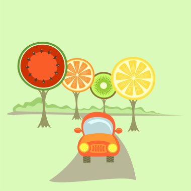 A car and fruit-like trees clipart