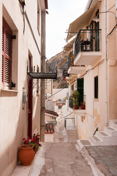 Romantic Greek alley in city Nafplion at the Argolic gulf