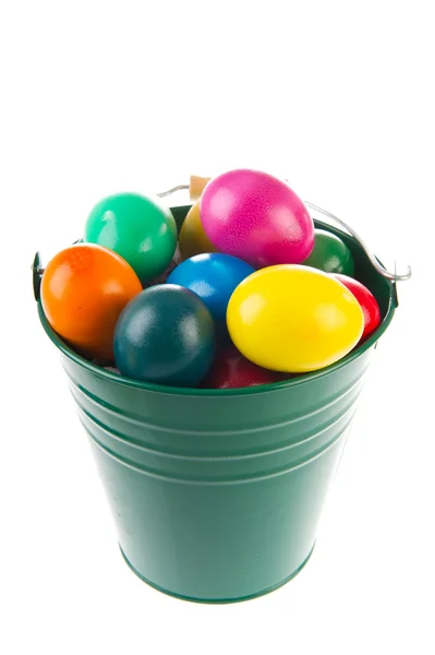 Green bucket easter eggs — Stock Photo, Image