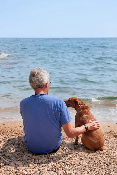 Чоловік зі своїм собакою на пляжі — стокове фото