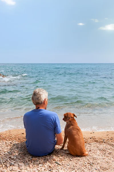 Hombre con su perro en la playa — Foto de Stock