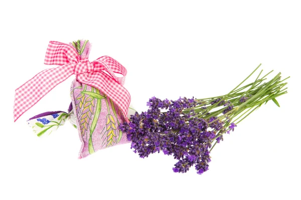Bouquet Lavender with bags dried herbs — Stock Photo, Image