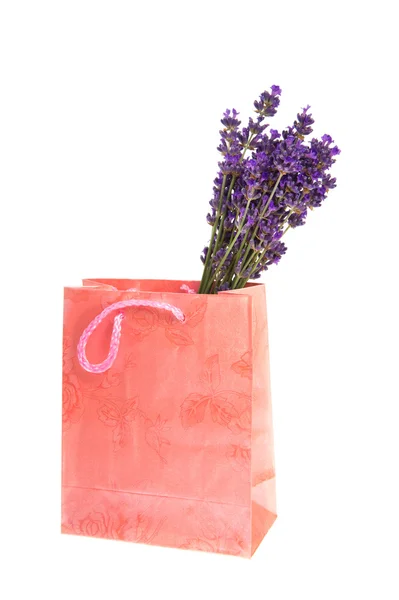 핑크 가방에 라벤더 꽃다발 — 스톡 사진