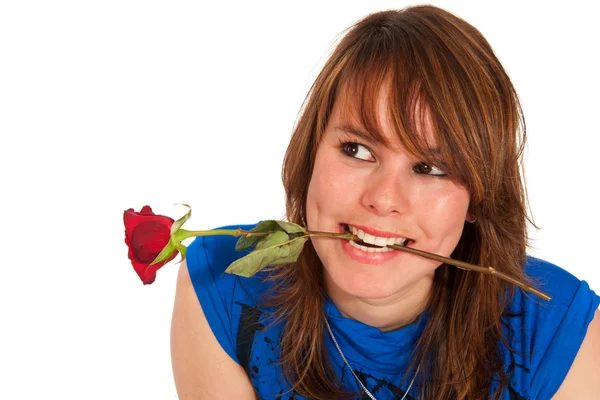 Beautiful girl with rose is looking up — Stock Photo, Image