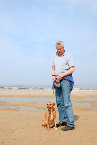 Hombre con perro en la playa — Foto de Stock