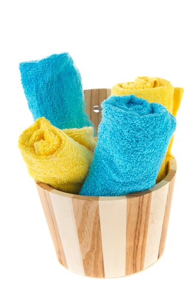 Sauna bucket with towels — Stok fotoğraf