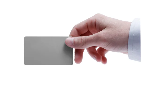 Visit card in hand. Isolated on white — Stock Photo, Image