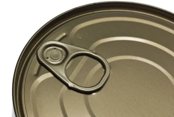 A tin food can close-up with selective focus on near side of sta — Stock Photo, Image