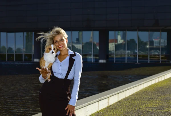 Gelukkig blond vrouw met chihuahua . — Stockfoto