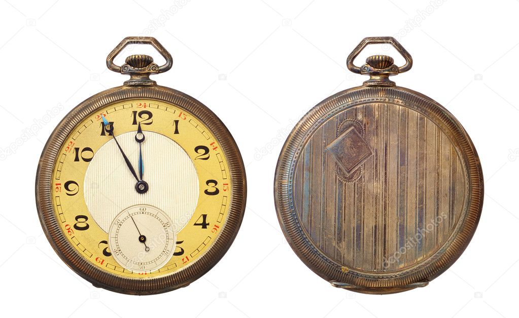 Old antique pocket watch isolated on white background. Clipping path includ
