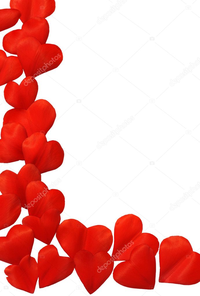 Petals in heart shape over white background - frame. Clipping path include