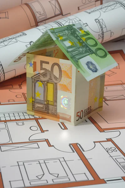 Euro house on blueprint plan — Stock Photo, Image