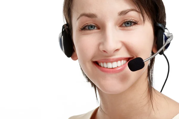Woman operator with headset - microphone and headphones — ストック写真