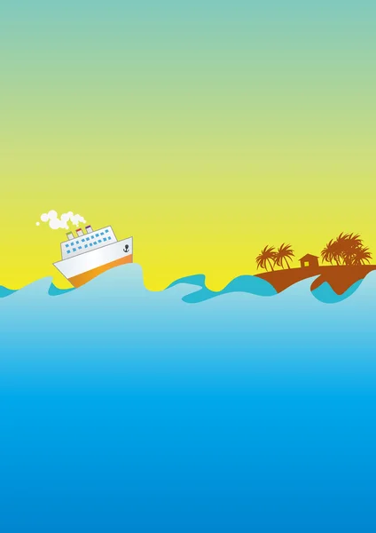 Navio a vapor que flutua para a ilha lavado por ondas —  Vetores de Stock