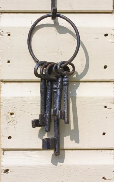 Chaves de ferro velhas em uma parede de barracão de madeira — Fotografia de Stock