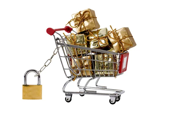 Secure shopping trolley with presents — Stock Photo, Image
