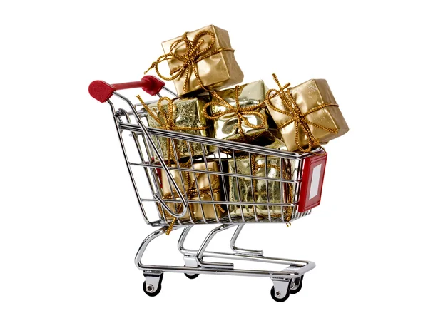 Shopping trolley with presents isolated — Stock Photo, Image