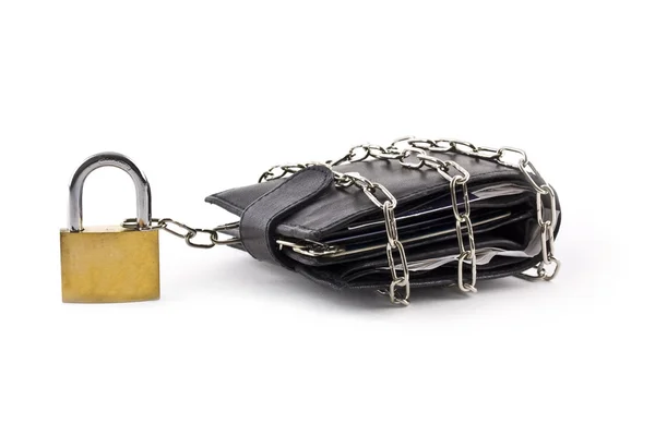 Wallet secured with chains and padlock — Stock Photo, Image