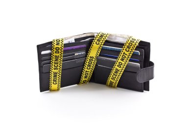 Wallet open with crime scene tape around it, isolated clipart