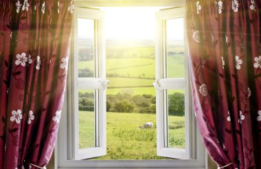 Open window with countryside view and sunlight clipart