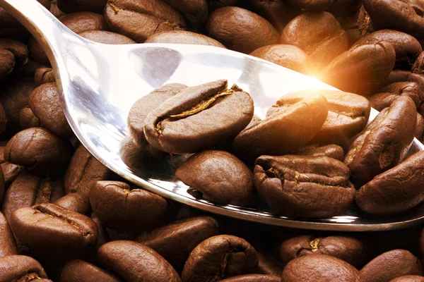 Los granos de café se cierran en una cuchara con reflejo de luz solar — Foto de Stock