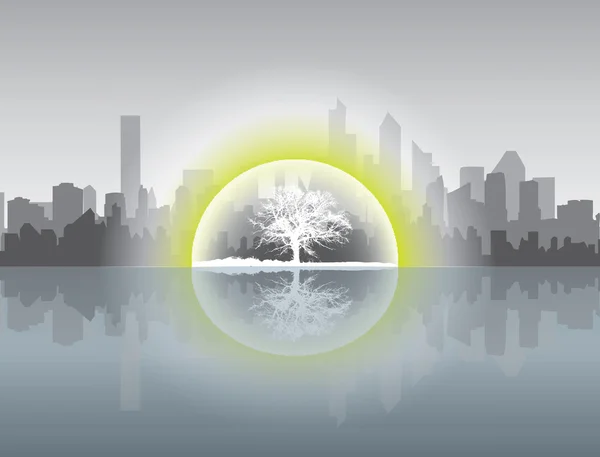 Cityscape em conceito ecológico com árvore — Vetor de Stock