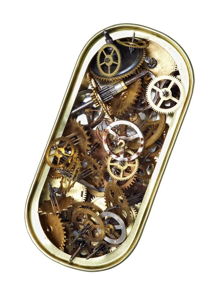 Tempo enlatado partes do mecanismo de relógio na lata — Fotografia de Stock
